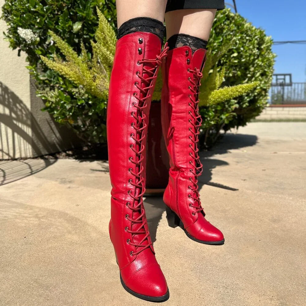 NEW Red Lace Up Over The Knee Combat Gothic Boots Block High Heel Faux Leather 8